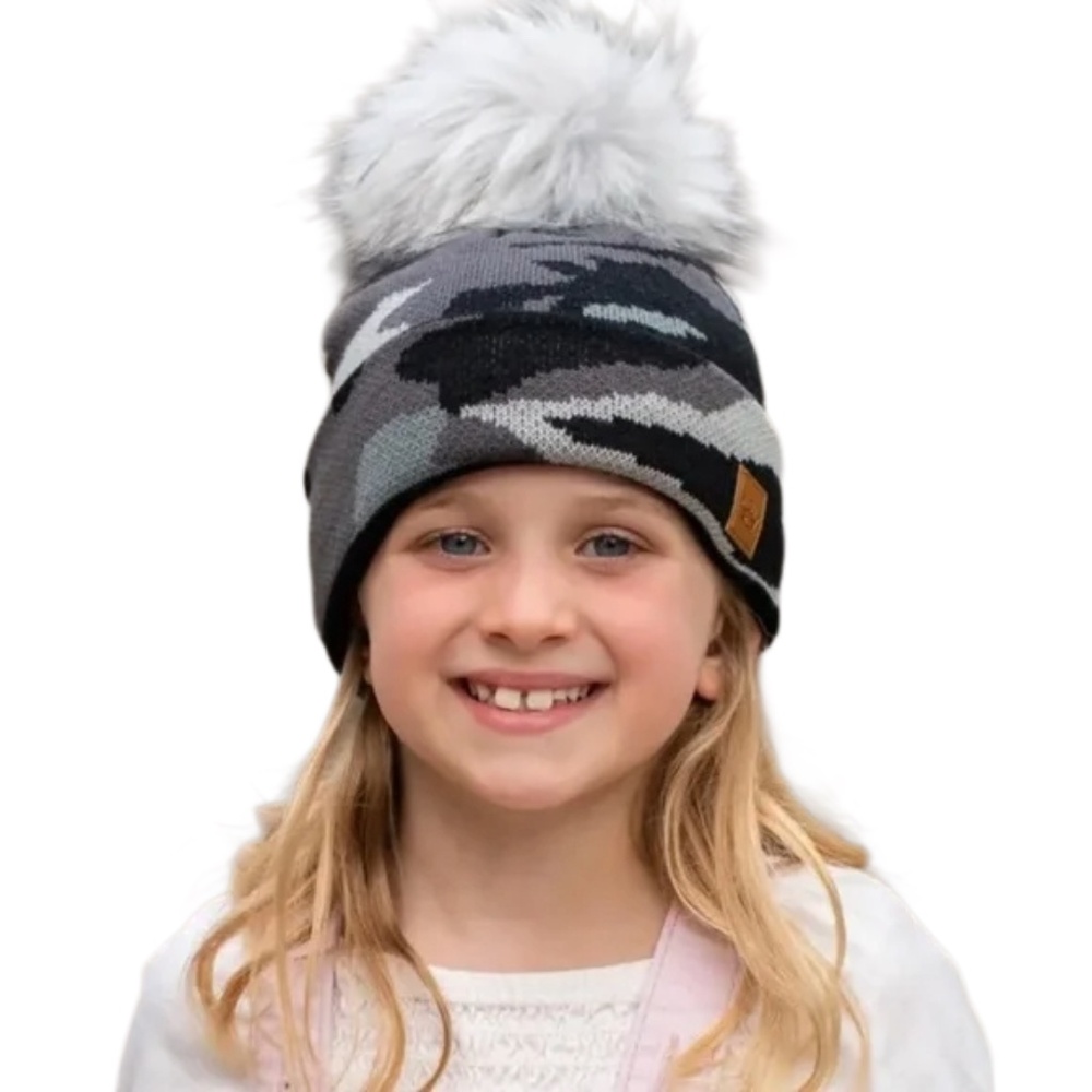 Panache Kids grey camo knit hat with pom accent